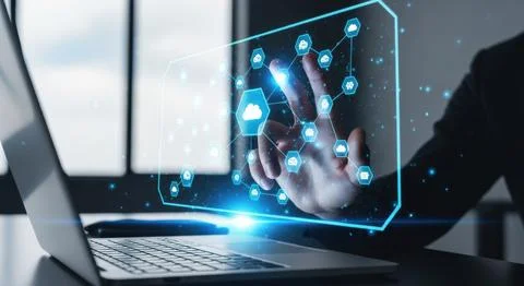 Futuristic technology displaying digital human anatomy over laptop screen Stock Illustration