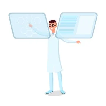Futuristic technology flat vector illustration. Smiling young doctor, scientist Stock Illustration