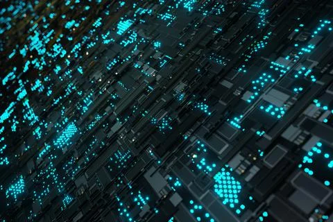 Futuristic Technology glowing blue light binary Circuit board 3D rendering Stock Illustration