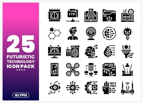 Futuristic technology glyph icons on a gradient background with text Stock Illustration