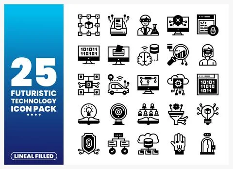 Futuristic Technology Icon Pack A collection of lineal filled icons on a bl.. Stock Illustration
