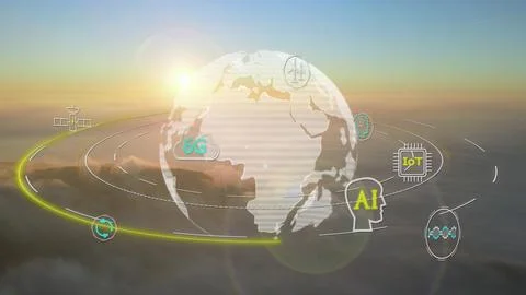 Futuristic Technology Icons Around Virtual Planet Against Cloudy Sunset Sky Stock Photos