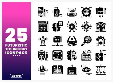 Futuristic Technology Icons with Binary Code and Network Symbols Stock Illustration