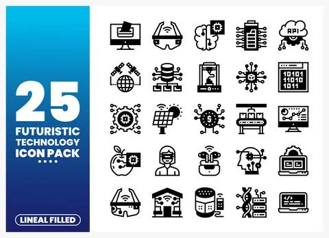 Futuristic technology icons displayed in a grid on a blue gradient background Stock Illustration