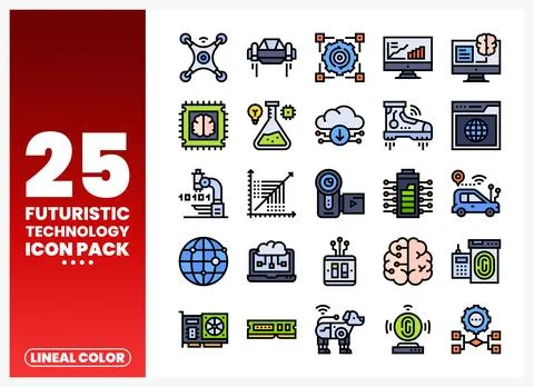 Futuristic technology icons displayed on a white background with a red grad.. Stock Illustration