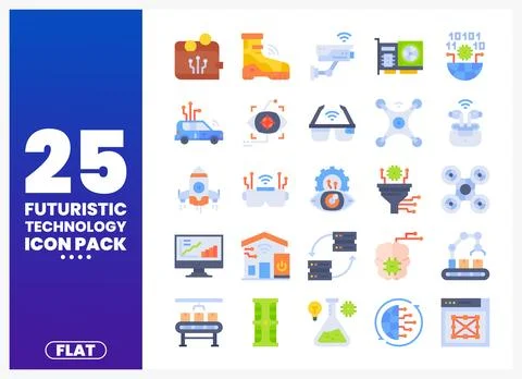 Futuristic technology icons in flat design on a blue gradient background Stock Illustration