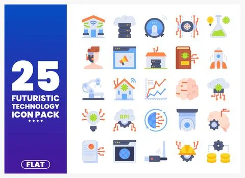 Futuristic technology icons in flat design style on blue and gradient backg.. Stock Illustration
