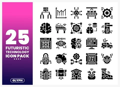 Futuristic Technology Icons Network. Brain. AI. Data. Security Stock Illustration