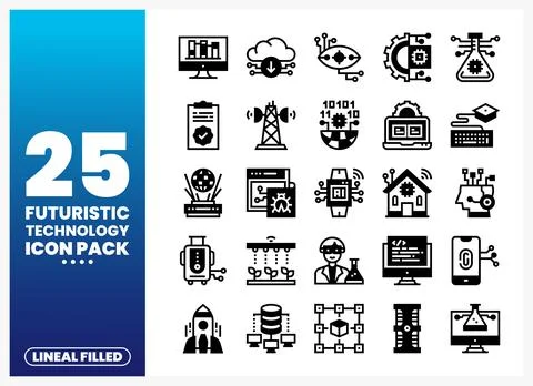 Futuristic technology icons pack showcasing digital data. AI. and innovation. Illustrazione stock