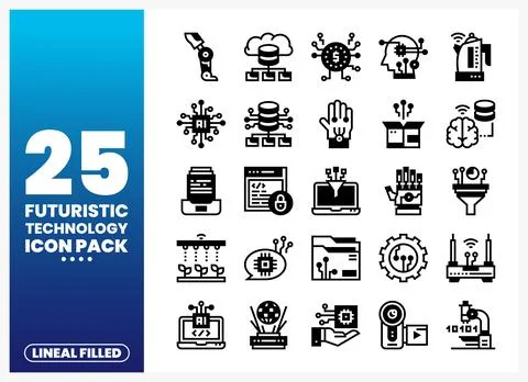 Futuristic technology icons set. representing AI. robotics. and data in a d.. Illustrazione stock