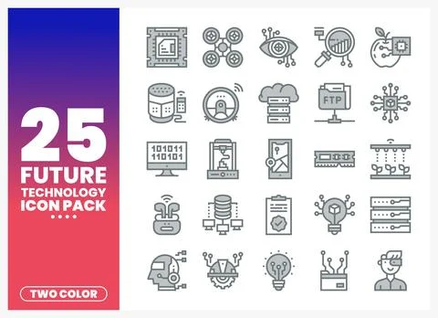 Futuristic technology icons in two colors on white background. displayed in.. Stock Illustration