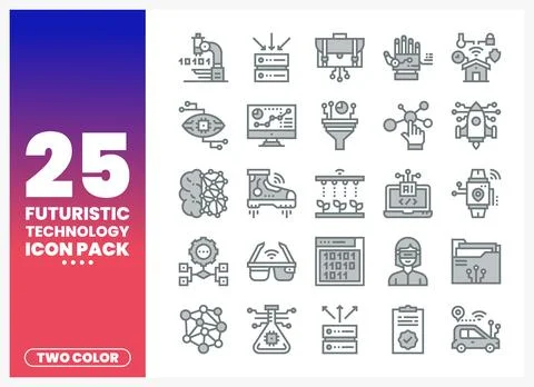 Futuristic Technology Icons in Two Colors for Digital Innovation Stock Illustration