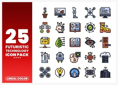 Futuristic technology icons on white background with gradient red sidebar Stock Illustration