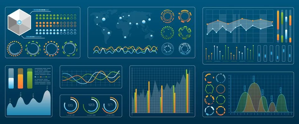 Futuristic Technology Interface for Presentation. Set Colored Charts and Illustrazione stock