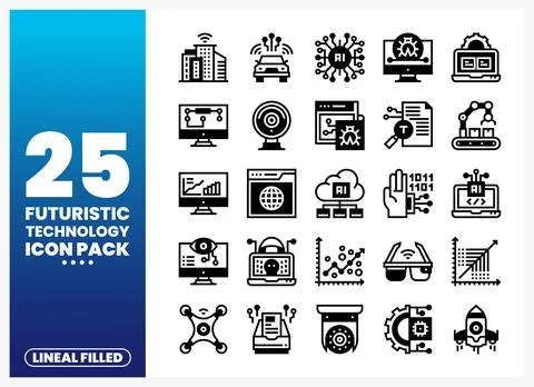 Futuristic technology lineal filled icons on a blue and white background Stock Illustration
