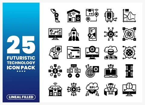 Futuristic technology lineal filled icons with diverse icons. Stock Illustration
