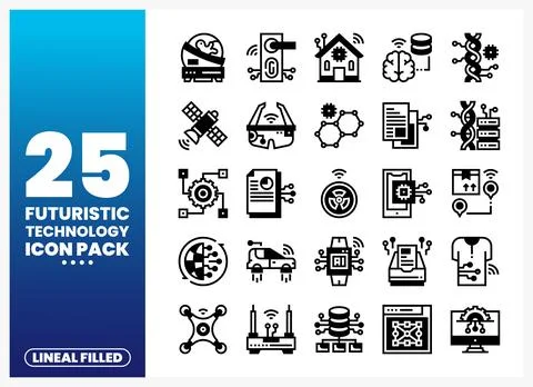 Futuristic Technology Lineal Filled Icons with Blue Gradient Background Stock Illustration