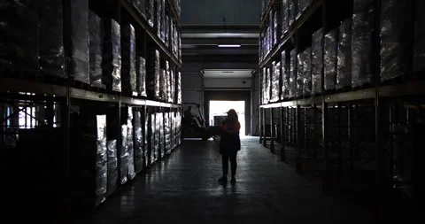 Futuristic technology retail warehouse: worker taking inventory when Stock Footage 244743087