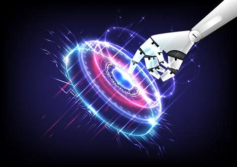 Futuristic technology robot touch on glowing HUD circle. Hi-tech Artificial i Stock Illustration