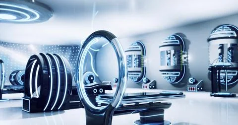 Futuristic technology showcase in a sleek and innovative lab environment Stock Illustration