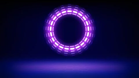 Futuristic technology stage blue background. Round purple pink led, neon glow Illustrazione stock