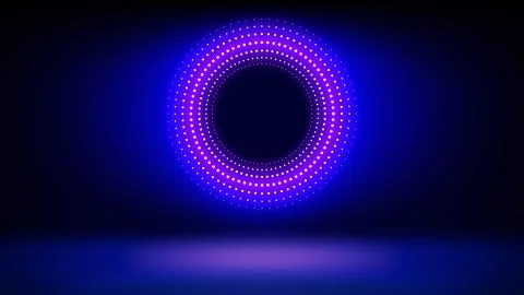 Futuristic technology stage blue background. Round dotted led, neon blue purple Illustrazione stock