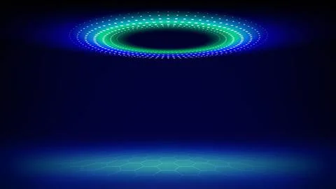 Futuristic technology stage blue background. Round green dotted led, neon glow Stock Illustration