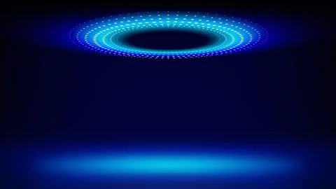 Futuristic technology stage blue background. Round cyan dotted neon, grid floor Illustrazione stock