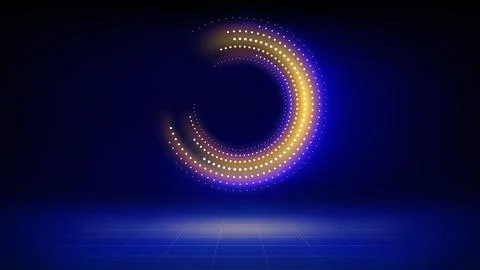 Futuristic technology stage blue background. Round orange dotted led, neon glow Illustrazione stock