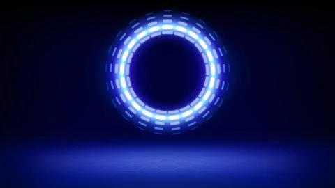 Futuristic technology stage blue background. Round neon glow, grid floor Stock Illustration