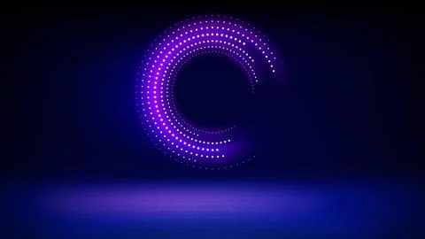 Futuristic technology stage blue background. Round purple pink dotted led, neon Illustrazione stock