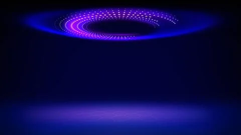 Futuristic technology stage blue background. Round purple pink dotted led, neon Illustrazione stock