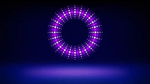 Futuristic technology stage blue background. Round purple pink dotted led neon Illustrazione stock