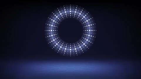 Futuristic technology stage, dim blue background. Round dotted led, neon glow Illustrazione stock