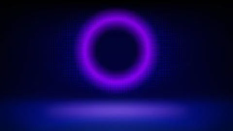 Futuristic technology stage, halftone blue background. Round purple pink neon Illustrazione stock
