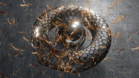 Futuristic technology as a torus object attacked by a swarm of thousands of l Stock Footage 160036951