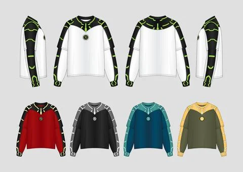 Futuristic Techwear Double Layer Sleeve Sweatshirt, Cyberpunk Crewneck Mockup Stock Illustration