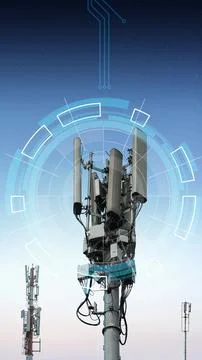 Futuristic telecommunication tower with digital network HUD overlays agains.. Stock Photos