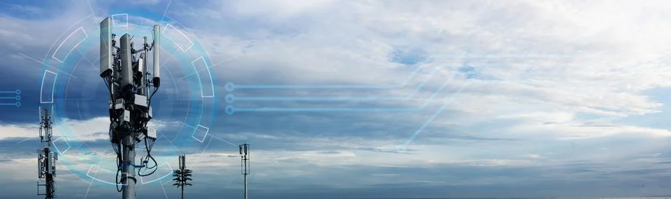Futuristic telecommunication tower with digital network HUD overlays agains.. Stock Photos