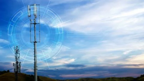 Futuristic telecommunication tower with digital network HUD overlays agains.. Stock Photos