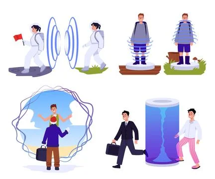 Futuristic teleportation technology vector set Illustrazione stock