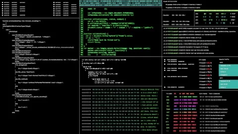 Futuristic Terminal Interface with Code and Data Visualization Stock Footage 281759294