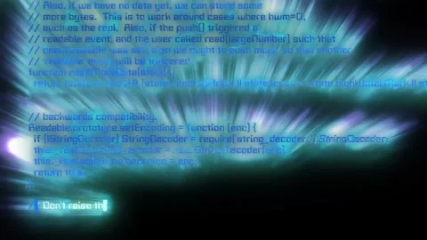 Futuristic terminal interface. Code with neon blue highlights and distortions. Stock Footage 318877627