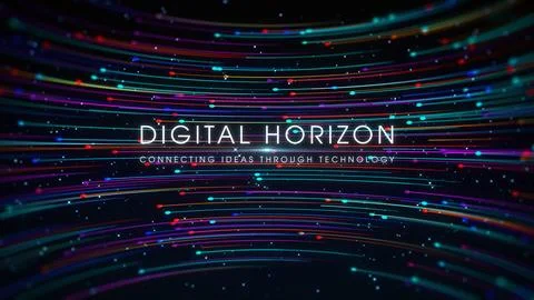 Futuristic Three Dimensional Curved Particle Trails With Digital Horizon Text 스톡 일러스트