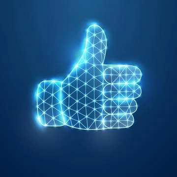 Futuristic thumbs up hand gesture in glowing polygonal. Blue digital wireframe Stock Illustration