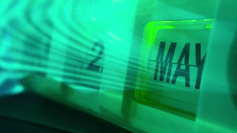 Futuristic time lapse of flip calendar clock in green speed light trail Stock Footage 296089127