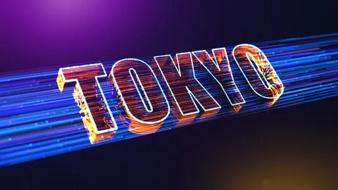 Futuristic Tokyo 3D Perspective Text With Dotted Lines Particle Breeze Effect  Illustrazione stock