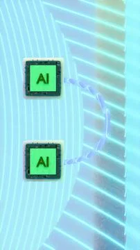 Futuristic top view of two AI processors connected by a curved glowing data.. Stockillustratie