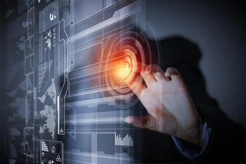 Futuristic Touchscreen Interface with Hand and Digital Data Display Stock Photos
