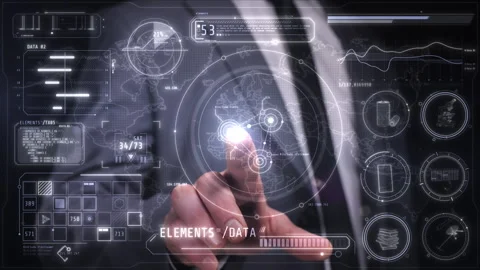 Futuristic touchscreen interface with world map and data analysis 動画素材 311967057